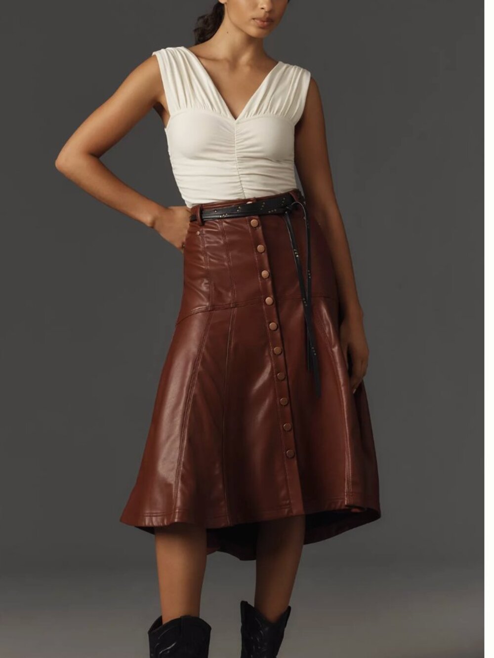 Pilcro Seamed Faux Leather Midi Skirt